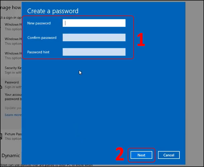 Nhập mật khẩu mới, xác nhận lại mật khẩu và phần Password hint > Chọn Next.